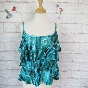 Miraclesuit Printed Tiered Ruffled Tankini Top Teal size 10 EUC